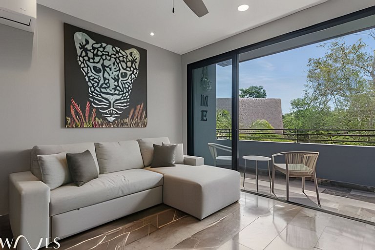 Stylish Pool View • 1BR w/Balcony • Sauna + Gym