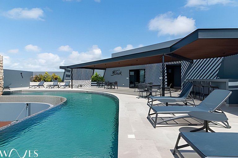 Stylish Pool View • 1BR w/Balcony • Sauna + Gym