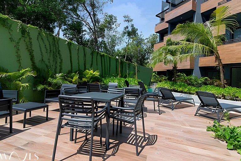 Stylish Pool View • 1BR w/Balcony • Sauna + Gym