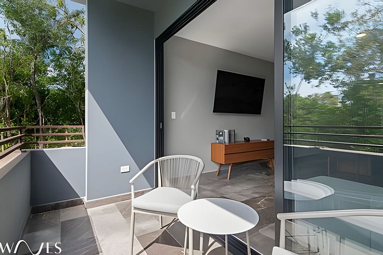 Stylish Pool View • 1BR w/Balcony • Sauna + Gym